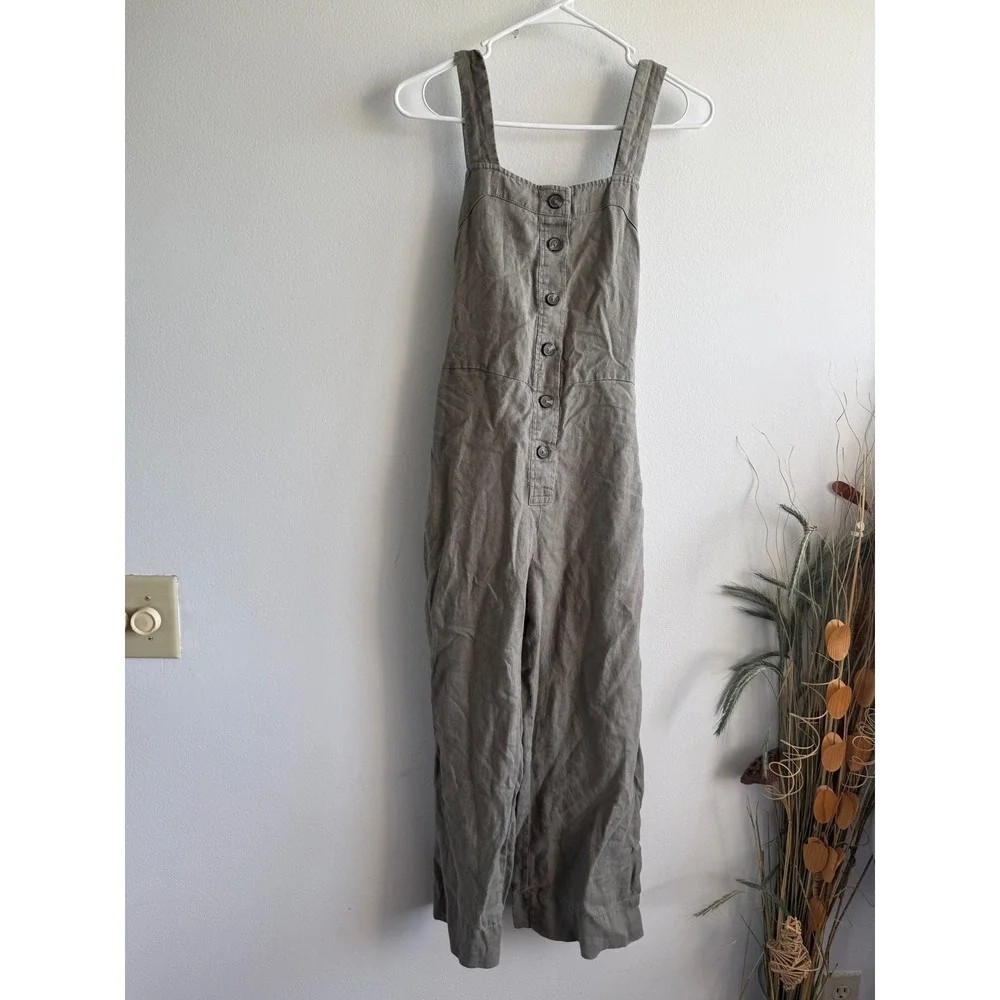 Everlane Women Olive Green Linen Button Front Wide Leg Jumpsuit Size 0 Tie Back